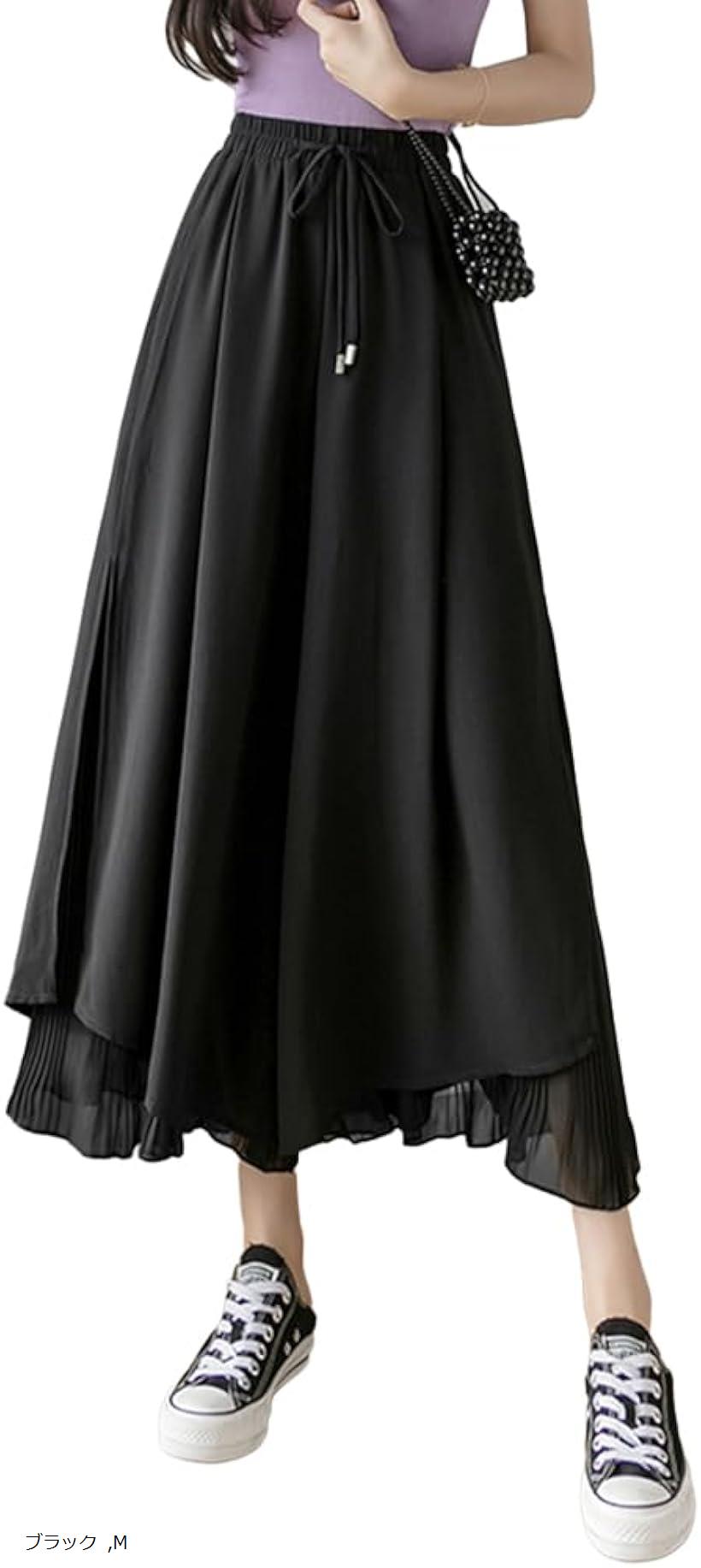 Other - キュロット プリーツ スカーチョ スカンツ ガウチョパンツ ワイドパンツ ロングパンツ 薄手 ゆったり 9分丈 シフォン レイヤード ウエストゴム レディース A8144 (ブラック, M)