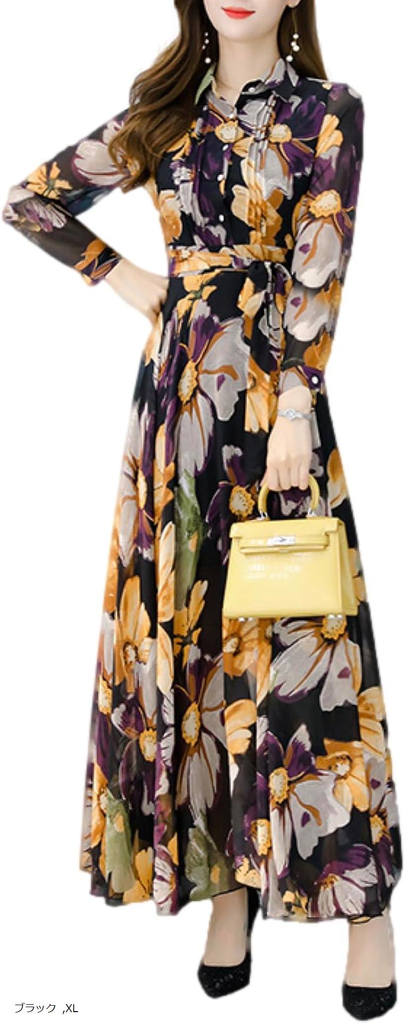 ワンピース レディース 春 秋 ロング きれいめ Aライン 花柄 裏地あり ブラック BN227 BLK XL (ブラック, XL)