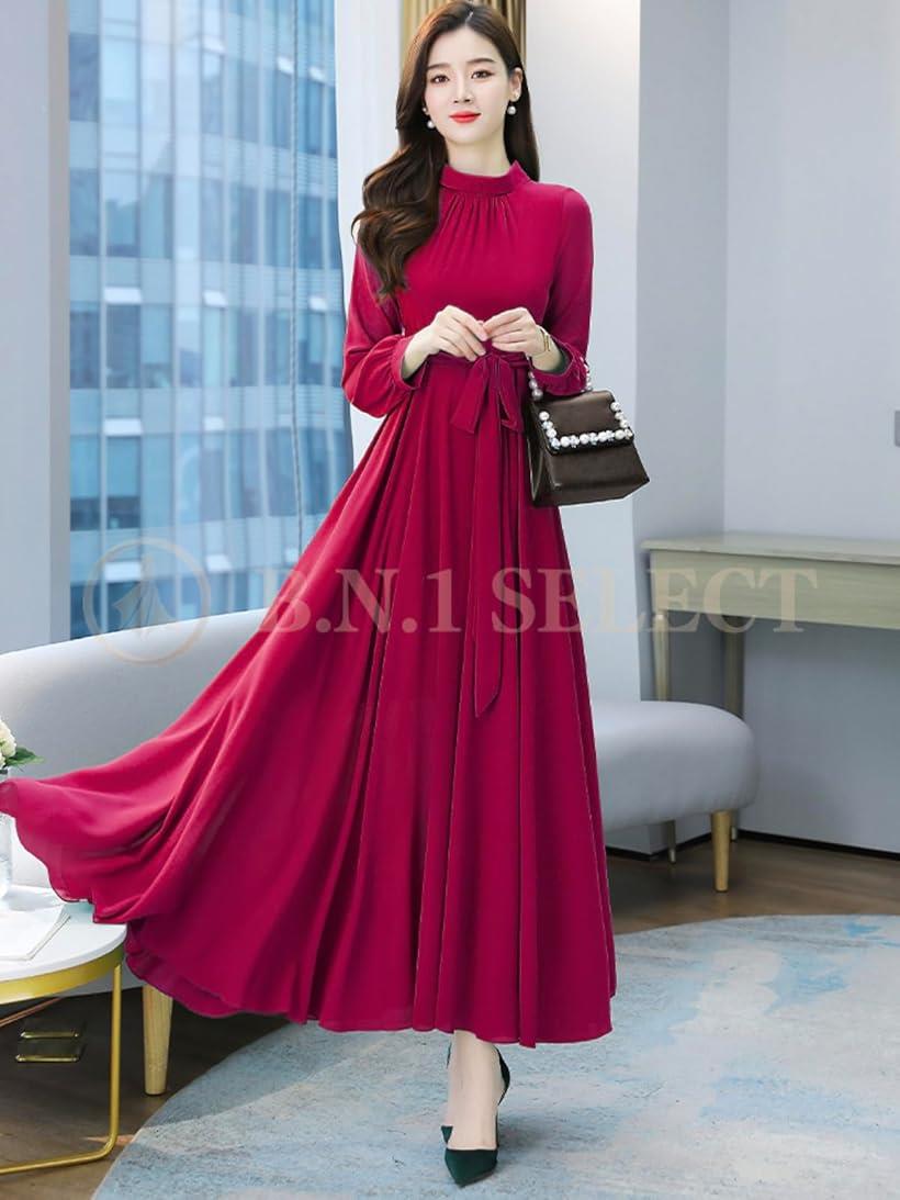 ワンピース 二次会 結婚式 カラードレス クラブドレス きれいめ レディース ロング Aライン BN231 RED(レッド, M)