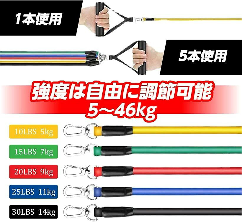 ホリックの筋トレ トレーニング チューブ ゴム ストレッチ バンド エクササイズ 11点セット フィットネス 自宅 ドアアンカー 5段階負荷 収納袋付 (1セット)｜アングル2