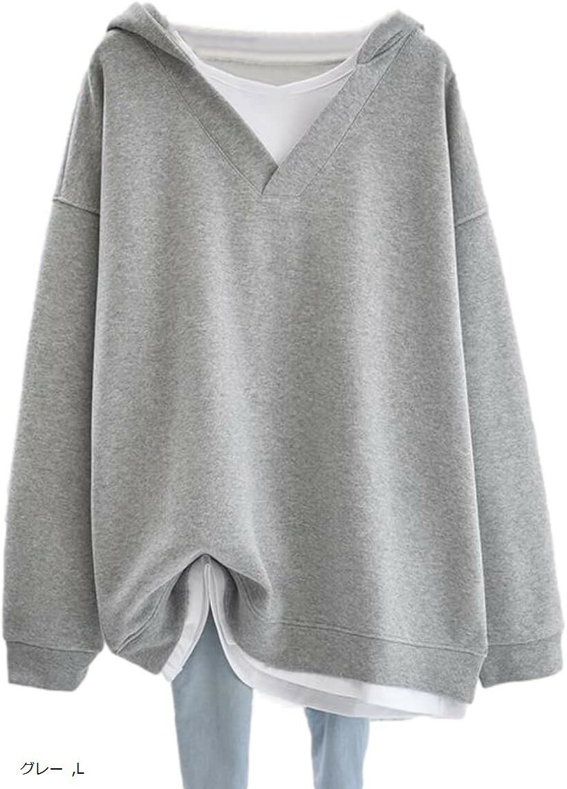 パーカー レディース スウェット 長袖 切り替え 重ね着風 ゆったり ...(4.0)