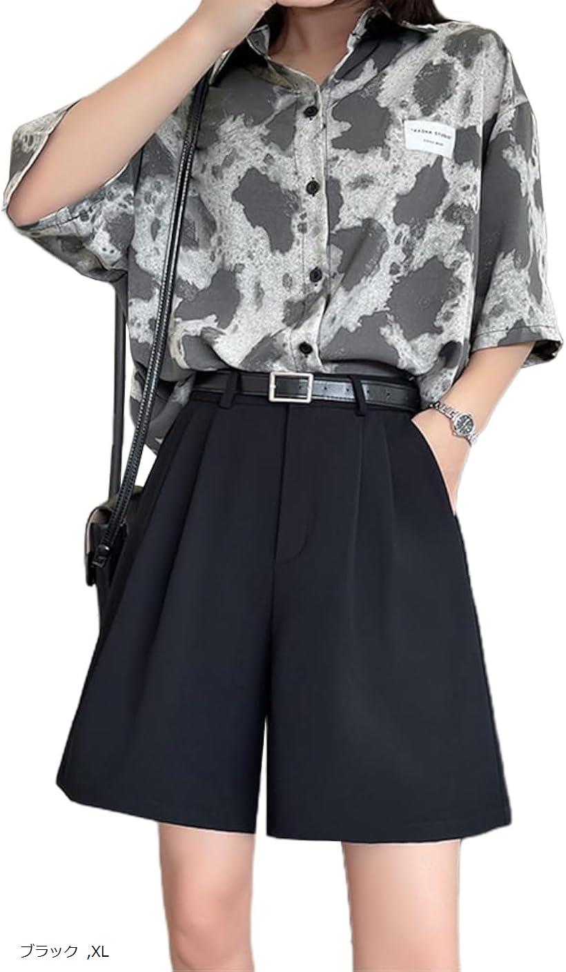 ハイウエスト ショートパンツ レディース 半ズボン 短パン ゆったり カジュアル 涼しい キュロットパンツ 脚長 Aライン 夏 無地 通勤 A8153 (ブラック, XL)