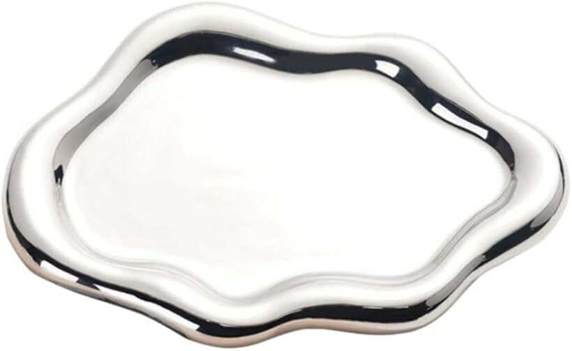 ジュエリートレイ アクセサリー収納 小物入れ 鍵置き 陶器 北欧 インテリア (シルバー, 全長19.5cm 幅13.5cm 高さ1.5cm)
