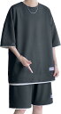 セットアップ メンズ ワッフル素材 上下セット Tシャツ ハーフパンツ レイヤード風 部屋着 スポーツ ルームウェア ゆったり(ダークグレー, M)