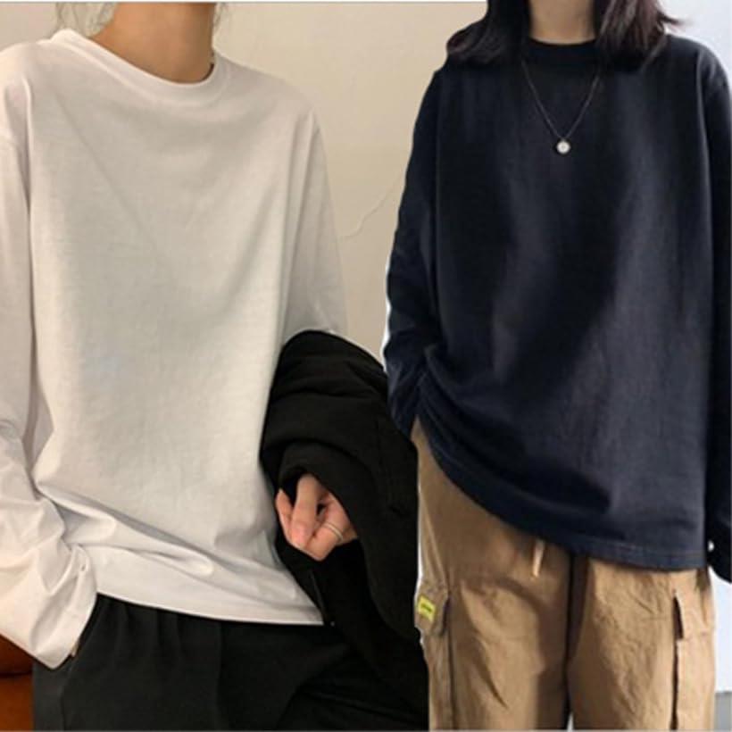 ロンT 長袖 体型カバー 無地 Tシャツ カットソー ゆる ビッグシルエット 大きいサイズ レディース Uネック 丸首 クルーネック トップス 着やせ TSHT056(ブラック, L)