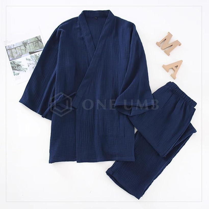 作務衣 メンズ 浴衣 甚平 綿100 寝間着 7分袖 大きいサイズ 秋 (ネイビー, M)