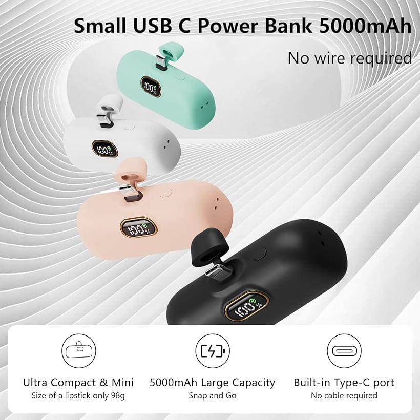 モバイルバッテリー 軽量 小型 5000mAh Type-Cコネクター内蔵 コードレス コンパクト 直接充電 PD20W急速充電 iPhone15シーズ20W充電対応 LEDライト付き PSE認証済 ブラック(ブラック)