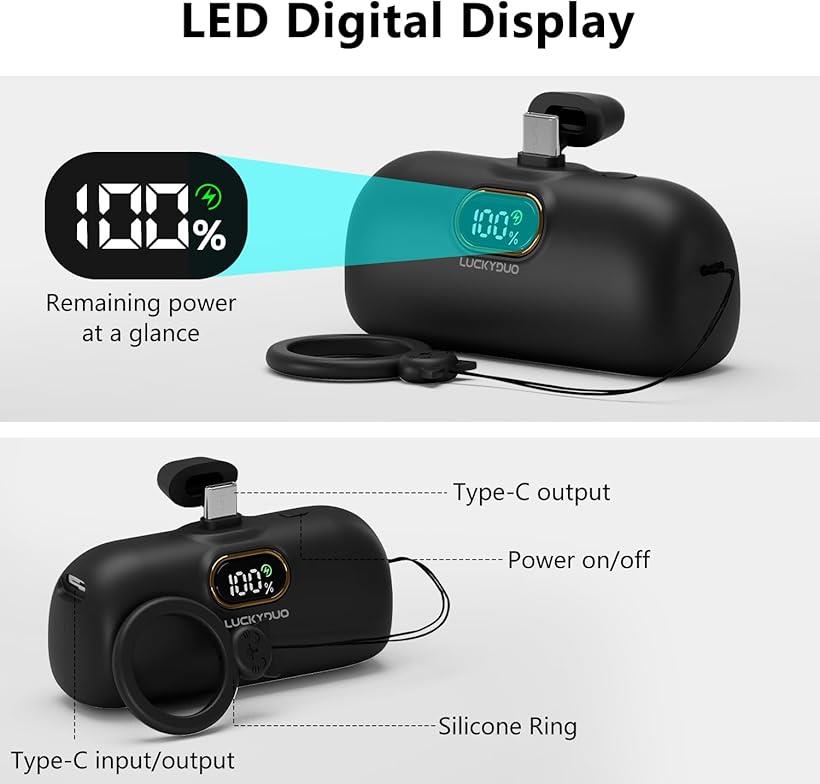 モバイルバッテリー 軽量 小型 5000mAh Type-Cコネクター内蔵 コードレス コンパクト 直接充電 PD20W急速充電 iPhone15シーズ20W充電対応 LEDライト付き PSE認証済 ブラック(ブラック)