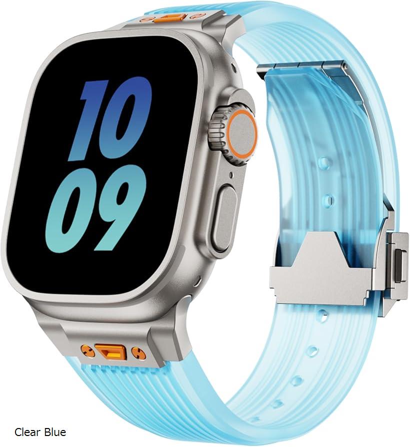 Apple watch バンド Ultra 3 2 1 対応 49mm Series 10 8 7 6 5 46mm 45mm 44mm おしゃれ アップルウォッチ シリコン ステンレス ウルトラバンド スポーツ(Clear Blue)