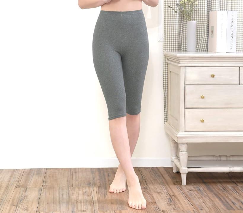 レギンス パンツ 綿混 コットン レディース 女性 スパッツ 日本製 伸縮性 ストレッチパンツ インナー下着 ゆったり お洒落 細め 引き締め (グレー5分丈2個, M-L)