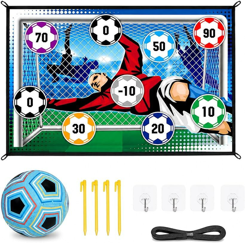 商品コード2bky3ohp95商品名キックターゲット サッカー 的当て ゲーム ストラックアウト ゴールマット 室内 子供 壁掛け ボール付きブランドPLEGOODキックターゲットで、おうちが楽しい運動スペースに変身。やわらかいボールを蹴って的を狙うだけで、お子さまが夢中になれるサッカーの的当てゲームです。雨の日のおうち時間も親子で盛り上がれます。壁やフェンスに掛けるだけのゴールマット。付属のフックや地杭で室内にも屋外にも設置でき、ゴールキーパー柄の的に向かってシュート練習やストラックアウト風の点数遊びが楽しめます。的を狙って蹴るうちに、集中力や狙う感覚、体を動かす楽しさが自然と育まれます。布製ボールだから室内でも静かで、家具やお部屋を傷つけにくく、マンション暮らしの運動不足解消にもぴったりです。兄弟やお友だちとの対戦でも盛り上がるサッカーおもちゃ。誕生日やクリスマスのプレゼントにもおすすめです。たたんでコンパクトに収納でき、公園やお庭への持ち運びもらくらくな的当てゲームです。セット内容：ゲームマット1枚(約150x100cm)／ボール1個／リボン4／地杭2／フック4。対象年齢6歳以上。モニターの環境により色の見え方に若干差が生じる場合がございます。※ 他ネットショップでも併売しているため、ご注文後に在庫切れとなる場合があります。予めご了承ください。※ 品薄または希少等の理由により、参考価格よりも高い価格で販売されている場合があります。ご注文の際には必ず販売価格をご確認ください。※ 沖縄県、離島または一部地域の場合、別途送料の負担をお願いする場合があります。予めご了承ください。※ お使いのモニタにより写真の色が実際の商品の色と異なる場合や、イメージに差異が生じることがあります。予めご了承ください。※ 商品の詳細（カラー・数量・サイズ 等）については、ページ内の商品説明をご確認のうえ、ご注文ください。※ モバイル版・スマホ版ページでは、お使いの端末によっては一部の情報が表示されないことがあります。すべての記載情報をご確認するには、PC版ページをご覧ください。