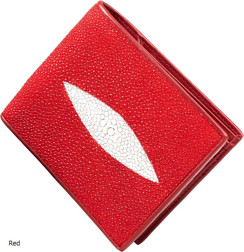 財布 スティングレイ ミニウォレット 二つ折り 短財布 エイ革 スリム メンズ レディース 本革(Red)