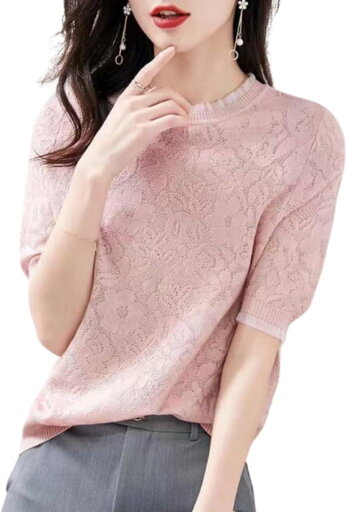 サマーニット レディース トップス 半袖 花柄 夏 透かし編み きれいめ 40代 着痩せ(ピンク, Free Size) サマーニット レディース トップス 半袖 花柄 夏 透かし編み きれいめ 40代 着痩せ(ピンク, Free Size)