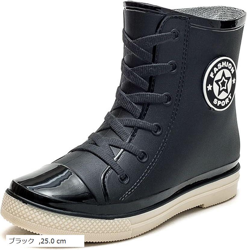 レインブーツ レインシューズ レディース パステルカラー スニーカー風 雨靴 雪 防水 ガーデニング 園芸 農作業 釣り ブラック 25.0 cm (ブラック, 25.0 cm)