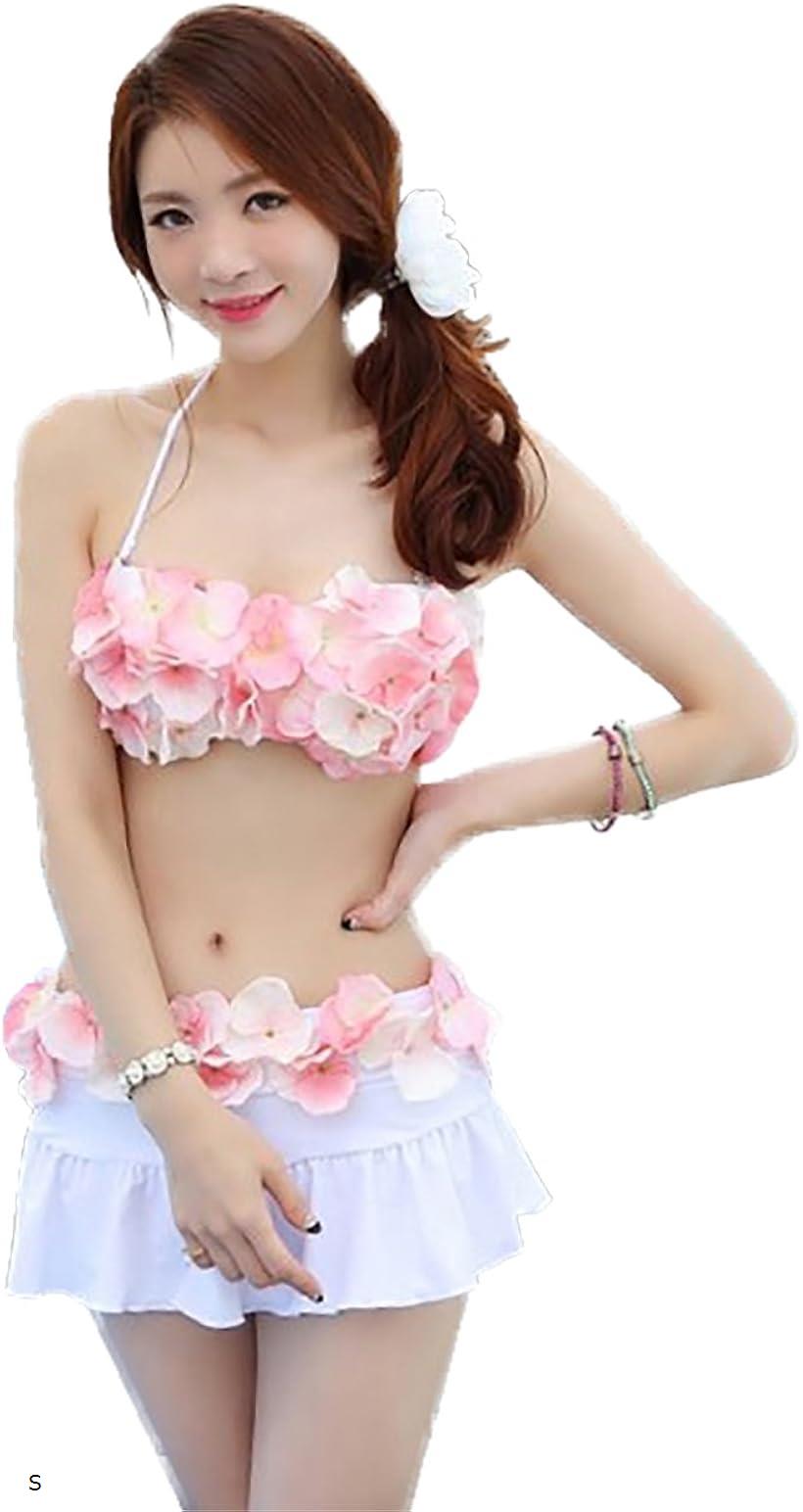 レディース 水着 花びら モチーフ ホルター ビキニ S/M/L ピンク(ホワイト, S)