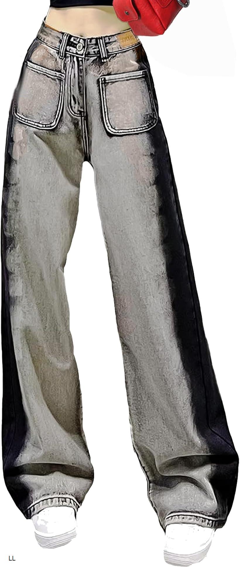 デニム レディース 足が細く見える ズボン ゆったり 体型カバー ハイウエスト 着痩せ ワイド ジーンズ(グレー, LL)