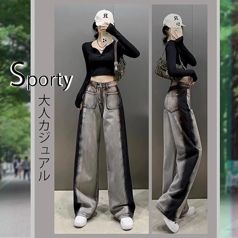 デニム レディース 足が細く見える ズボン ゆったり 体型カバー ハイウエスト 着痩せ ワイド ジーンズ(グレー, LL)