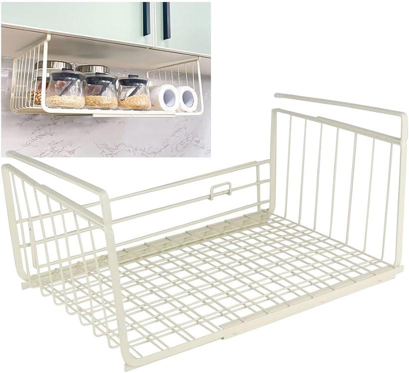 差し込み式収納ラック 横幅調整 約36cm～60cm 食材 調味料 食器 キッチン 戸棚 メッシュ (クリームホワ..