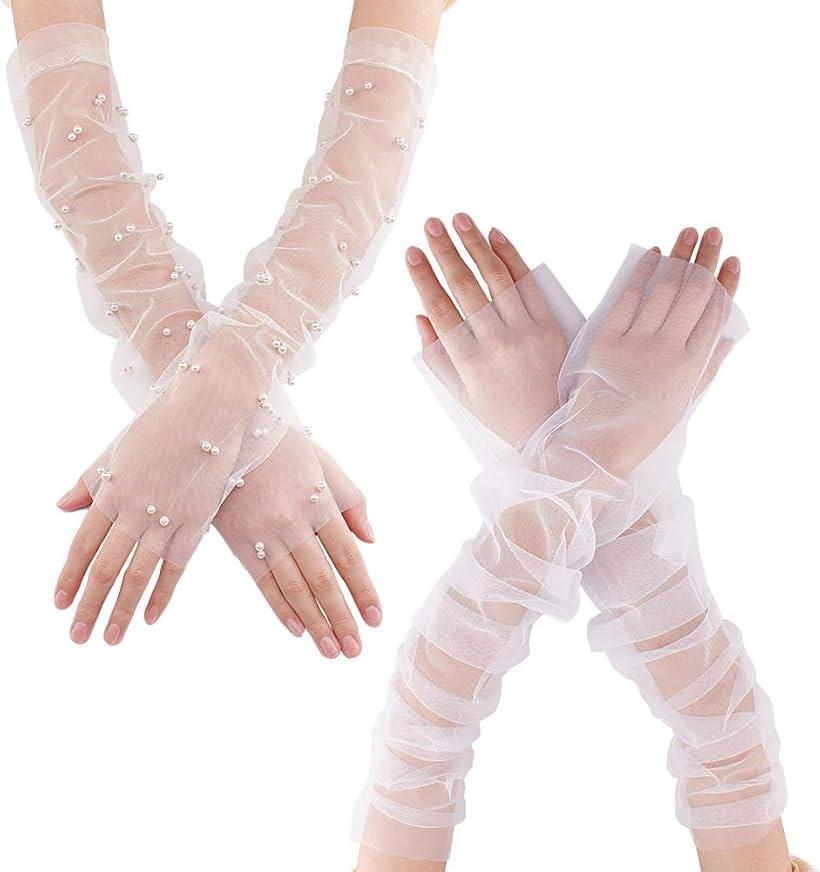 2ペア2スタイル レディースアームカバー ブライダルドレススリーブ ロング ホワイト レースグローブ 花嫁グローブ パフ 結婚式 取り外し可能なチュール アクセ...