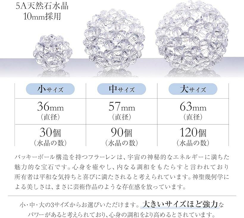 天然石 水晶 5A フラーレン 10mm 神聖幾何学 バッキーボール パワーストーン 57mm 90個 天然石鑑定士監修 昇り龍 巾着セット 中サイズ(クリア, 中) [2]