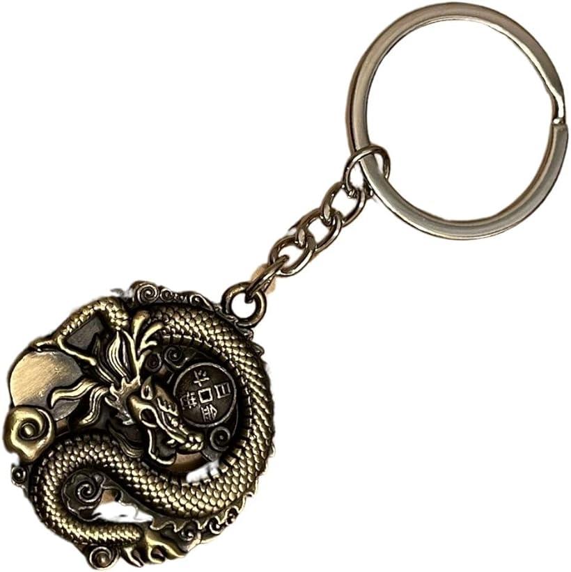 キーホルダー 龍 金属 風水 ゴールド グッツ ストラップ 金運 天然 金属製 アンティーク 根付け 青龍 竜 彫刻 化粧箱付き 円満 メッキ (アンティーク)