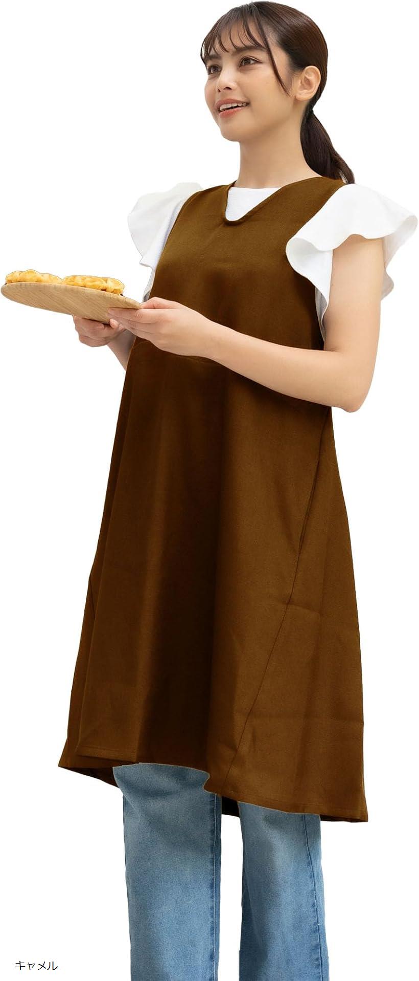 KIRAKUワンピースエプロン 楽に着れる レディース 表裏 普段着 おしゃれ かわいい 可愛い シンプル 女性 メンズ シワになりにくい ポケットつき お尻が隠れる キャメル (キャメル)
