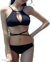 ビキニ レディース 水着 ホルターネック 可愛い おしゃれ 人気 ビーチ 海水浴 ワイヤーなし 三角ビキニ リボン UVカット セクシー クロスデザイン(ブラック, M)