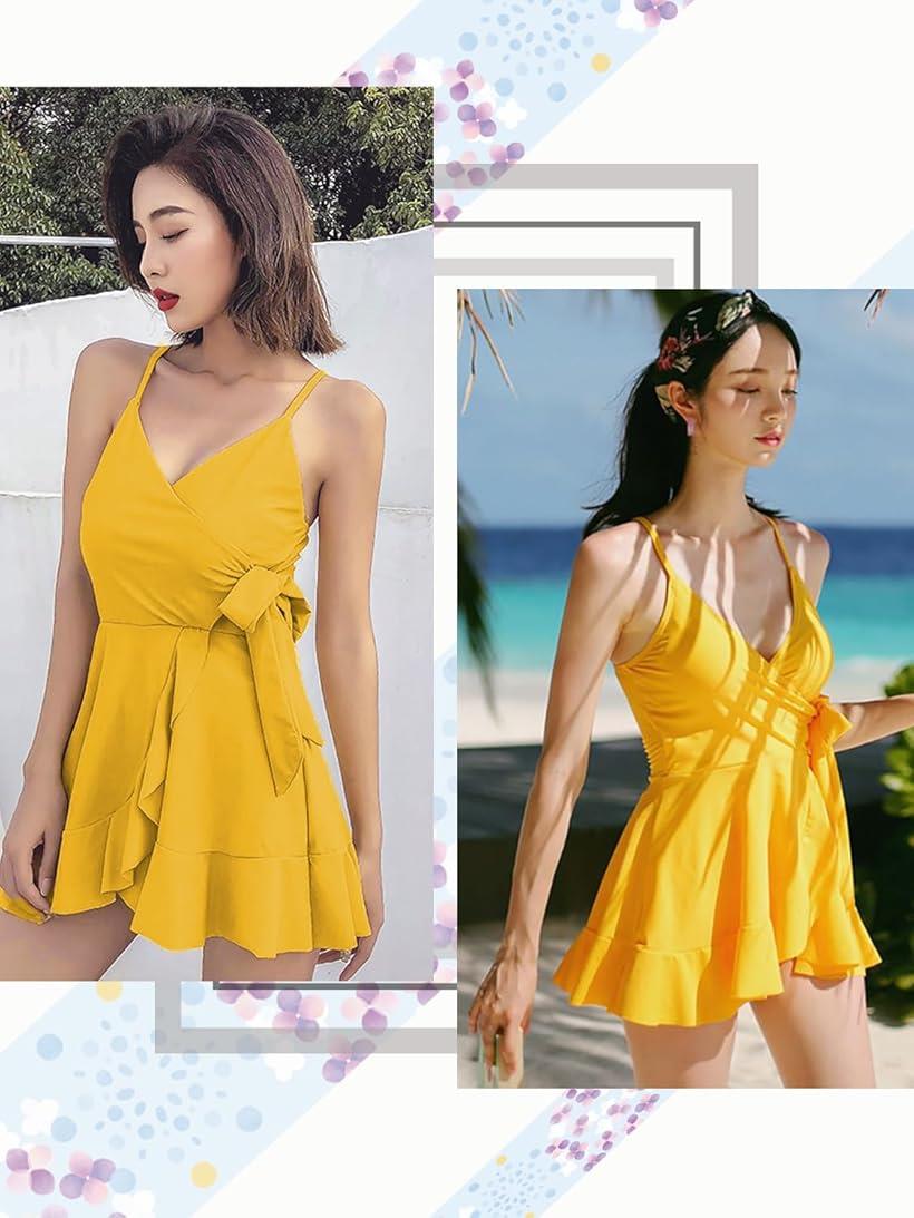 水着 レディース ワンピース 体型カバー 露出控えめ オールインワンフレアスカート インナーショーツ付き(イエロー, M)