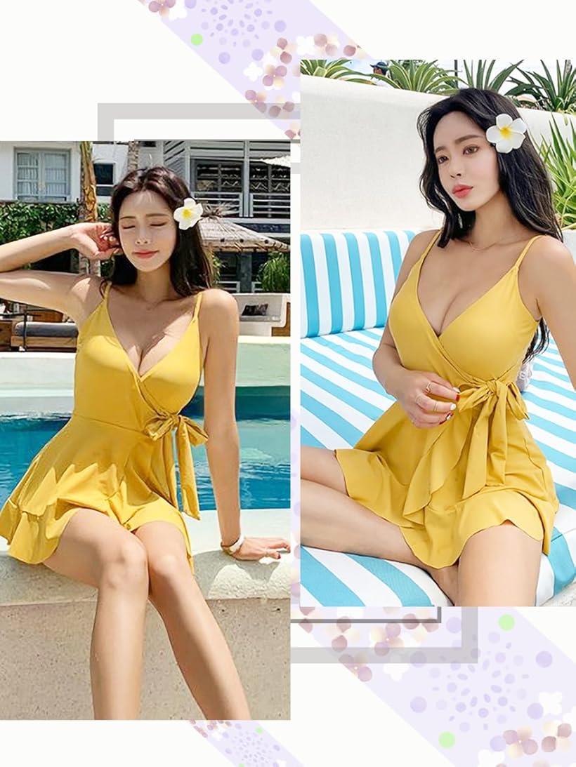 水着 レディース ワンピース 体型カバー 露出控えめ オールインワンフレアスカート インナーショーツ付き(イエロー, M)