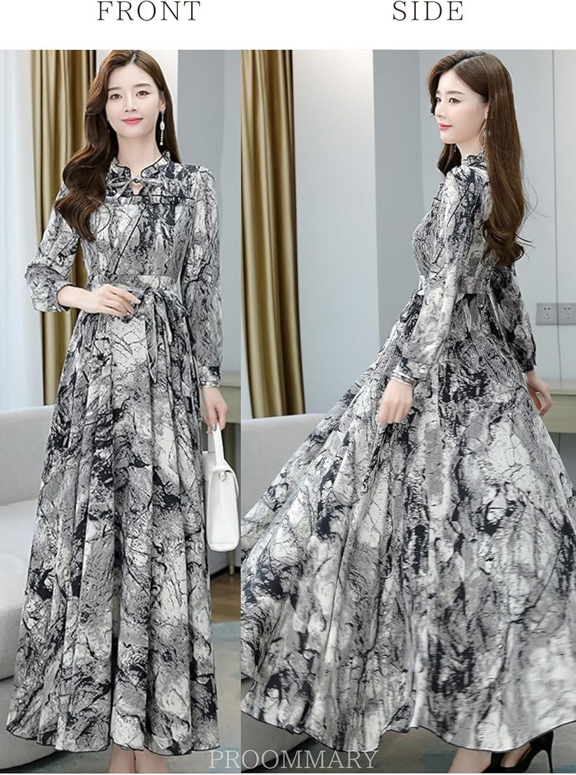 大理石柄 ワンピース レディース パーティードレス ロング Aライン リボン 長袖 きれいめ ハイウエスト XL(グレー系, XL BigLong)