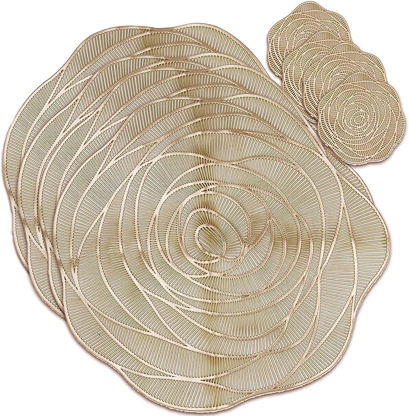 ランチョン マット コースター セット 4人分 洗える おしゃれ 北欧 プレース ランチマット バラ (ゴールド)