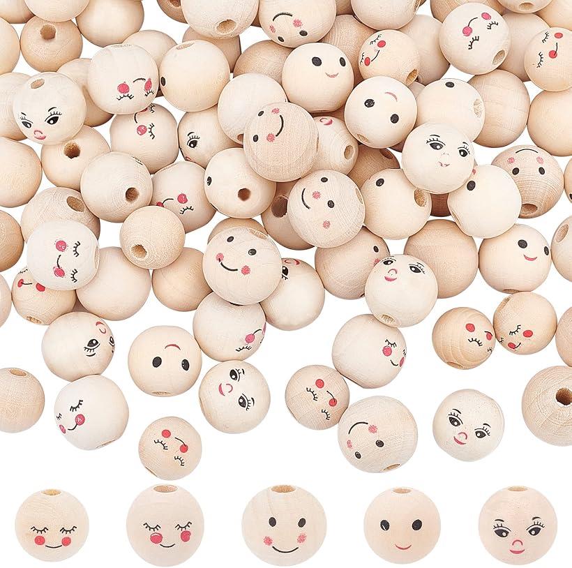 笑顔 ビーズ 丸 可愛い 5種類 表情 木製ビーズ 手芸ビーズ 100個入り (混合色)