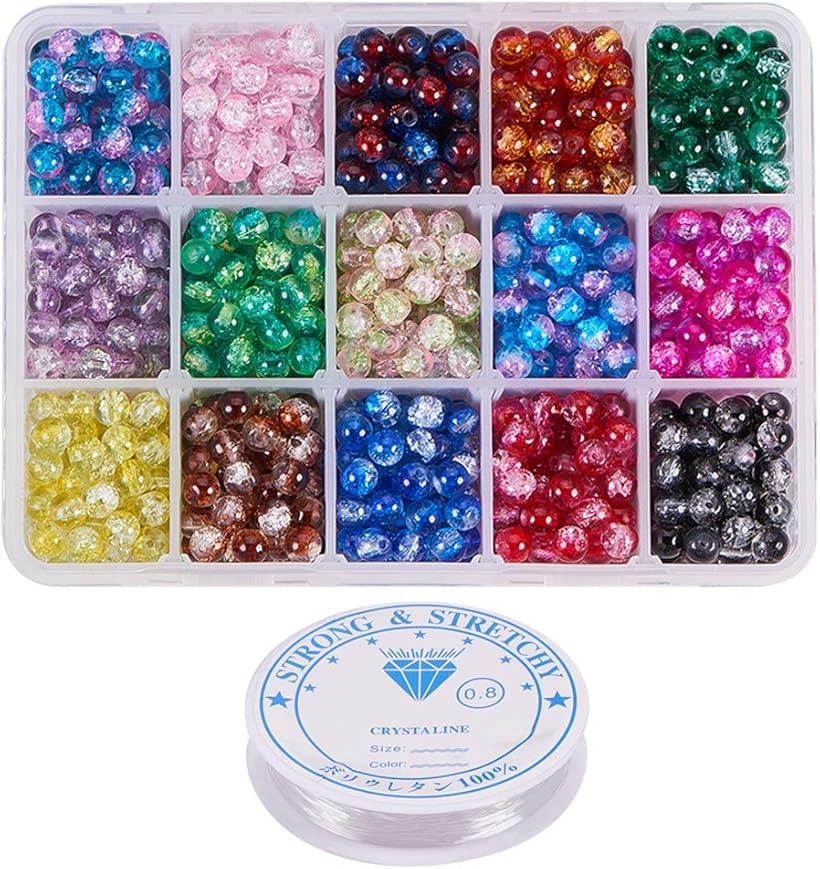 約1050個/箱 ビーズ 6mm 15色 ラウンドビーズ クラックビーズ 透明 弾力線 付き DIY用 手芸用品 アクセサリーパーツ 手作り素材 可愛い 混合色