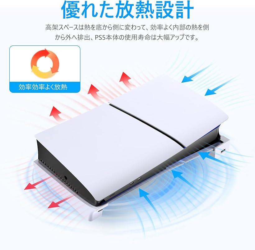 互換品新型PS5対応 Slim用 スタンド 横置き 収納アクセサリー 4つのUSBポート付き 転倒防止 地震対策 放熱改善 ポートキャップ付き ホワイト(ホワイト)