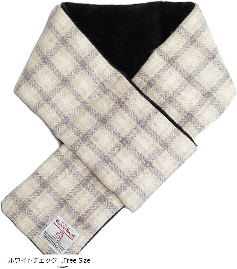 ショート マフラー 中綿入り 男女兼用 裏起毛 ケース付き ホワイトチェック (ホワイトチェック, Free S..