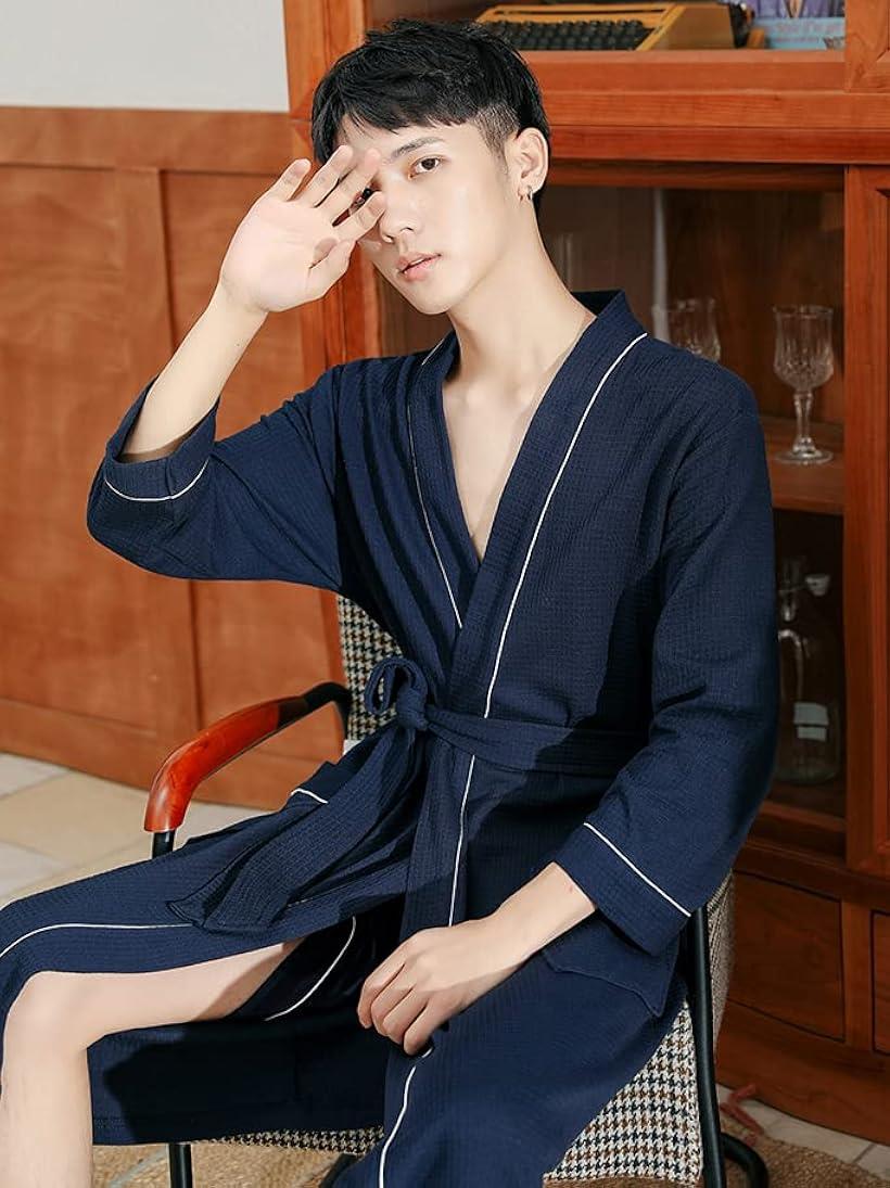 バスローブ ワッフル生地 メンズ ガウン ルームウェア パジャマ 男女兼用(ネイビー, L)