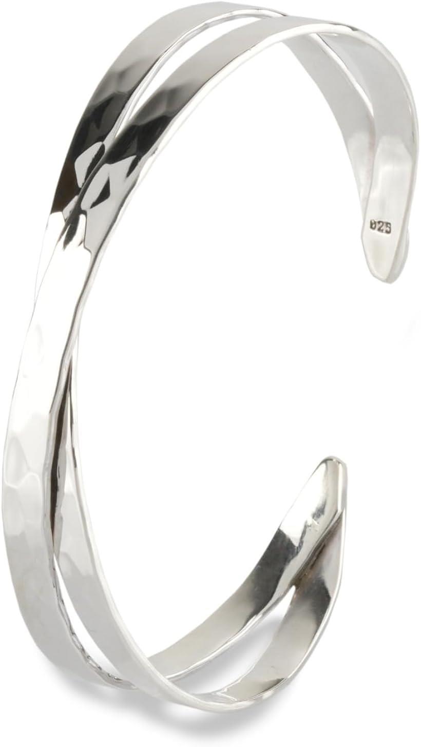 スターリング シルバー 925 ブレスレット シンプル 槌目 バングル メンズ サイズ調節可 重ねづけ 二連 レディース (シルバー, ミディアム)