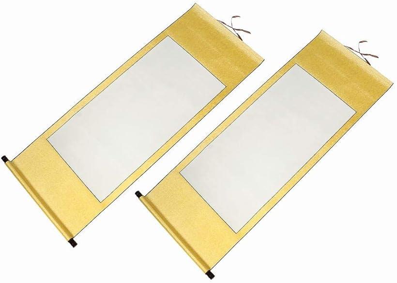 白紙無地 掛軸 2点セット 日本画 水墨画 書道 用品(金色)