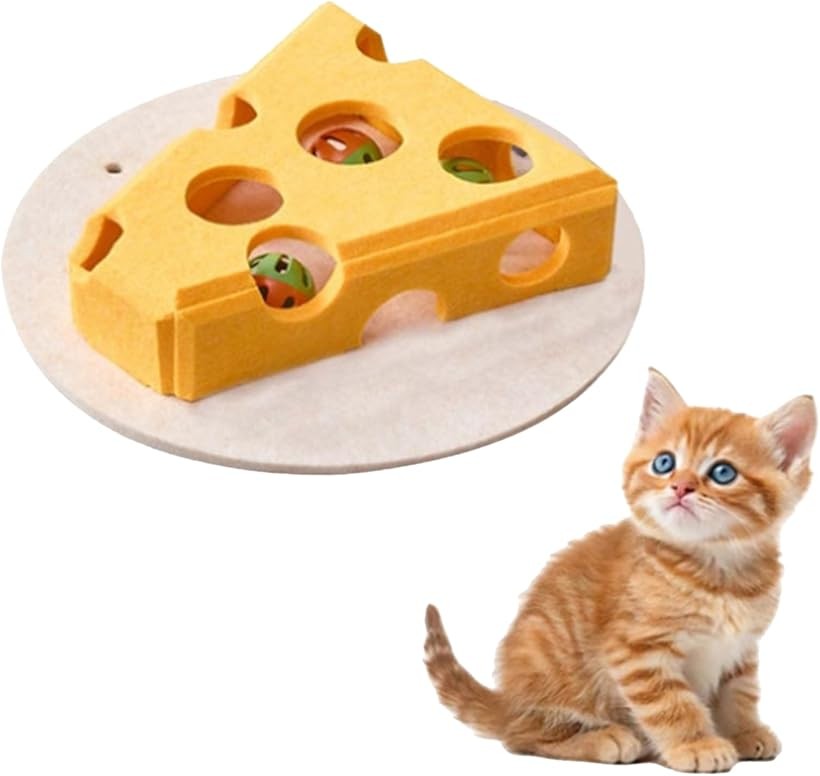 猫用 知育 おもちゃ 迷路ボード 鈴3個付き チーズ型 フェルト 室内遊び ネコ (イエ...