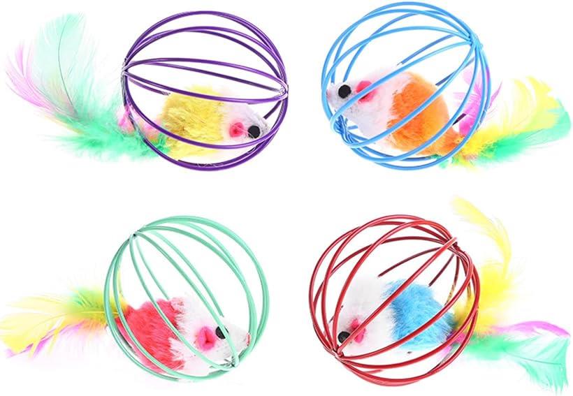 猫のおもちゃ ねずみボール 羽 しっぽ ストレス解消 遊び道具 運動不足 カラフル 4個セット(ランダムカラー)