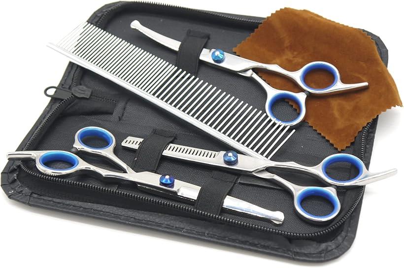 【楽天ランキング1位入賞】トリミング ハサミ ペット 犬 猫 初心者用 丸い先端 カット カーブ シザー すきばさみ 6点セット ケース付き