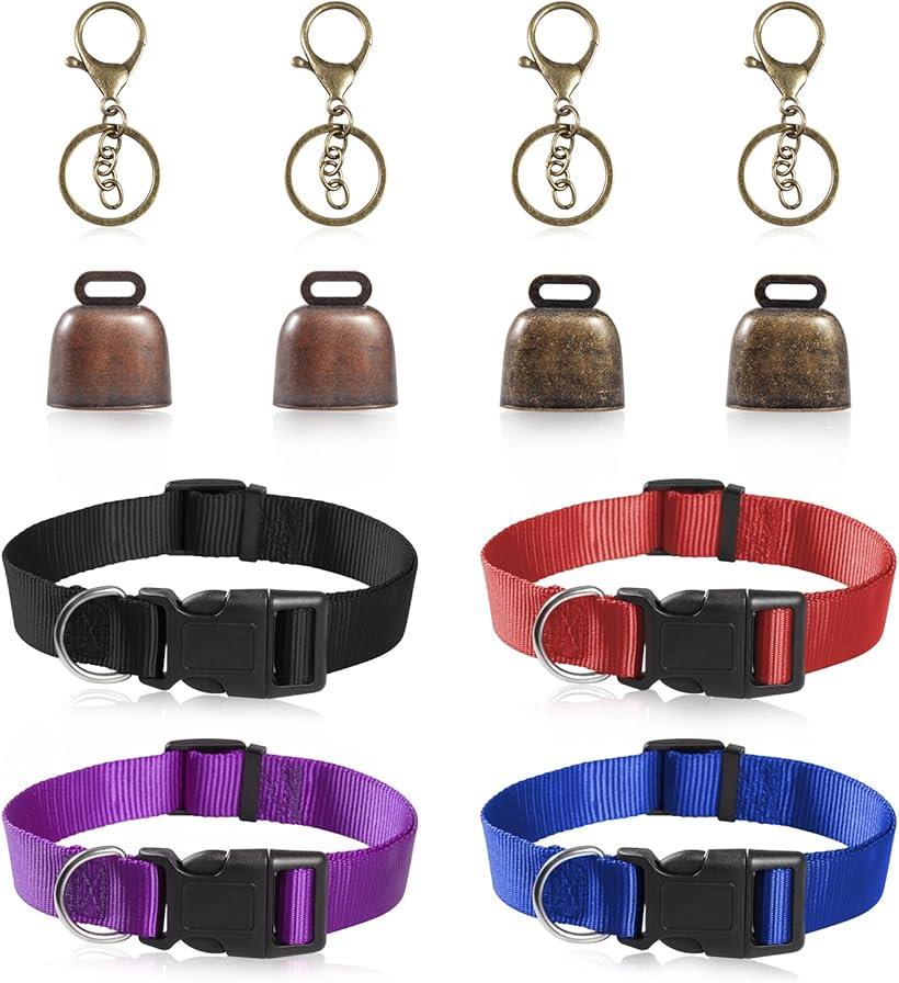 ヤギの鐘と首輪セット 4個の牛の馬の羊の放牧銅の鐘 ロブスターの爪の留め金 牛の馬の羊のヤギの首輪 小さなペット 盗難防止アクセサリー(4色)