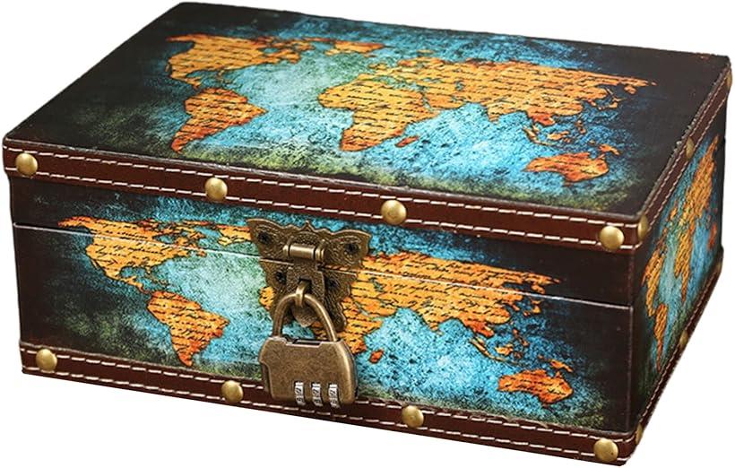 木箱 小物入れ ダイヤル 南京錠 蓋付き 収納ボックス 宝箱 アンティーク レトロ インテリア 世界地図 (..