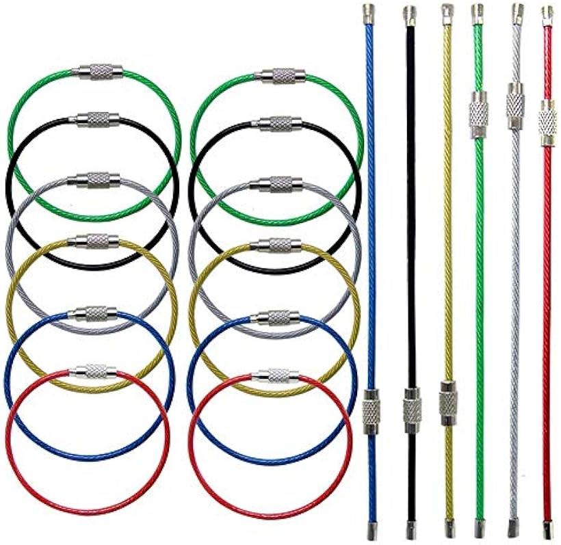 ワイヤーリング ワイヤーキーホルダー ネジ式 キーリング ステンレス製 カラフル 紛失 盗難防止 6色組 16cm 18本セット (マルチ)