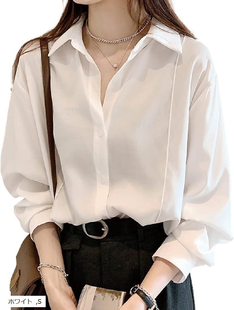 シャツ レディース 長袖 ブラウス きれいめ シンプル カジュアル オフィス おしゃれ (ホワイト, S)