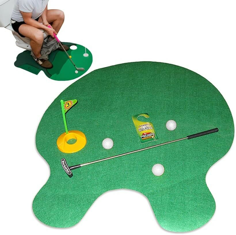 トイレマット ゴルフパターセット 練習マット 面白景品 プレゼント (グリーン, 普通)