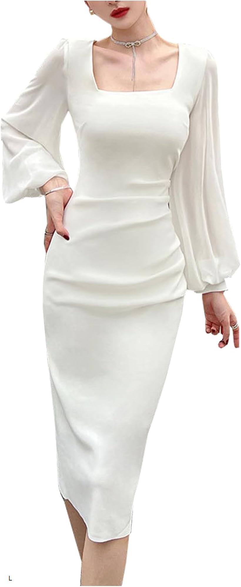 ワンピース パーティードレス キャバドレス 膝丈 長袖 シアー袖 袖あり 韓国 きれいめ 上品 スクエアネック 結婚式 披露宴 二次会 ロング シースルー袖 シフォン ボリューム 透け ハイウエスト 裏地付き ミモレ丈(ホワイト, L)