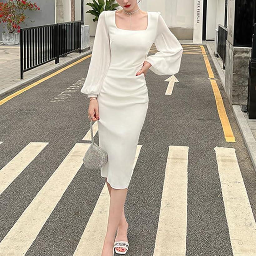 ワンピース パーティードレス キャバドレス 膝丈 長袖 シアー袖 袖あり 韓国 きれいめ 上品 スクエアネック 結婚式 披露宴 二次会 ロング シースルー袖 シフォン ボリューム 透け ハイウエスト 裏地付き ミモレ丈(ホワイト, L)