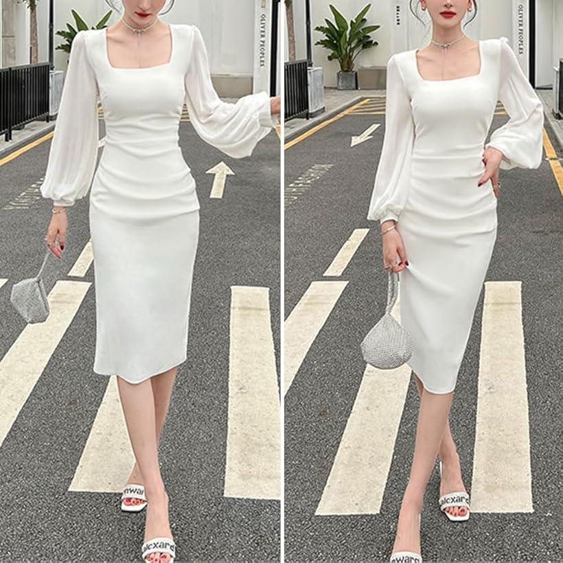 ワンピース パーティードレス キャバドレス 膝丈 長袖 シアー袖 袖あり 韓国 きれいめ 上品 スクエアネック 結婚式 披露宴 二次会 ロング シースルー袖 シフォン ボリューム 透け ハイウエスト 裏地付き ミモレ丈(ホワイト, L)