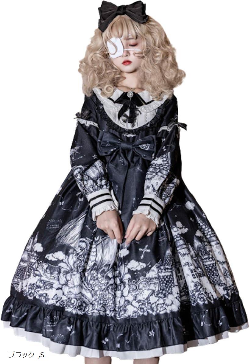 レディレイジー ゴスロリ 長袖 ドレス ワンピース スカート ひざ丈 黒 ブラック ドール お城柄 S (ブラック, S)
